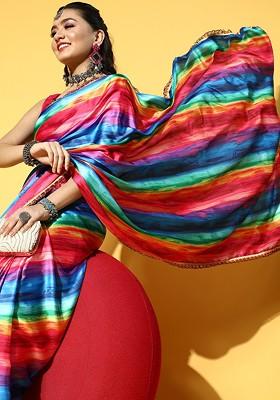 Multicolor Tie And Dye Satin Saree Set