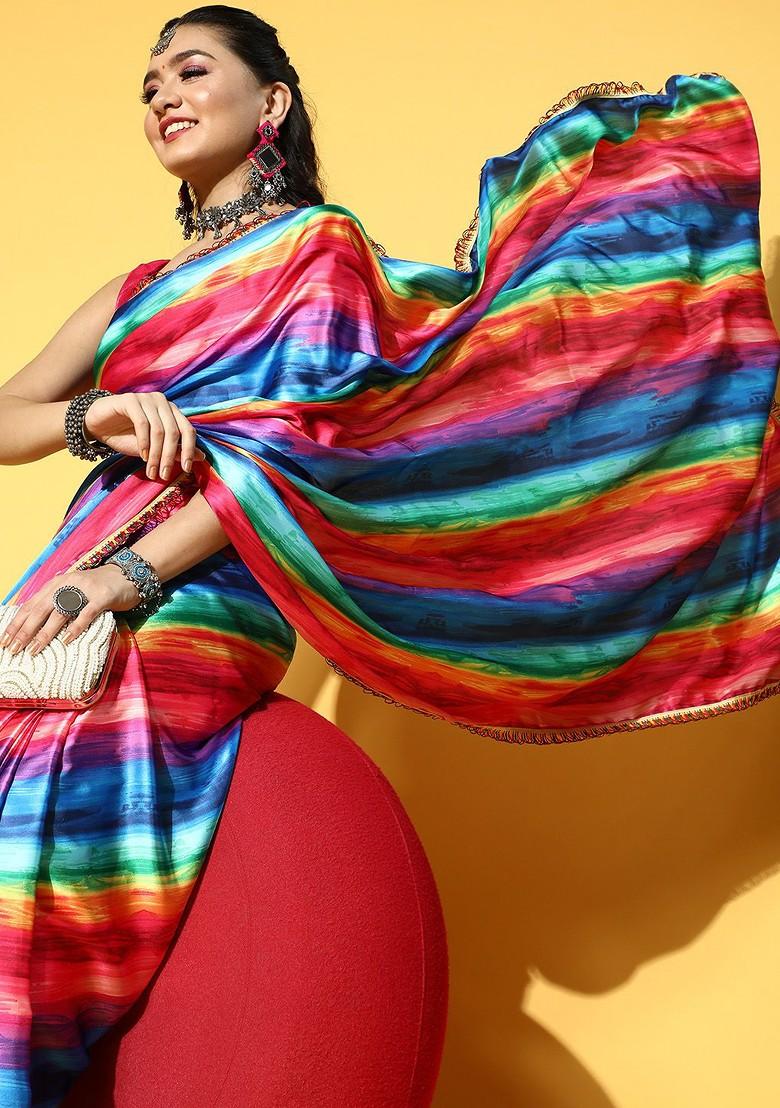 Multicolor Tie And Dye Satin Saree Set