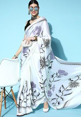 Off White Printed Satin Saree Set
