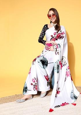 White Printed Satin Saree Set