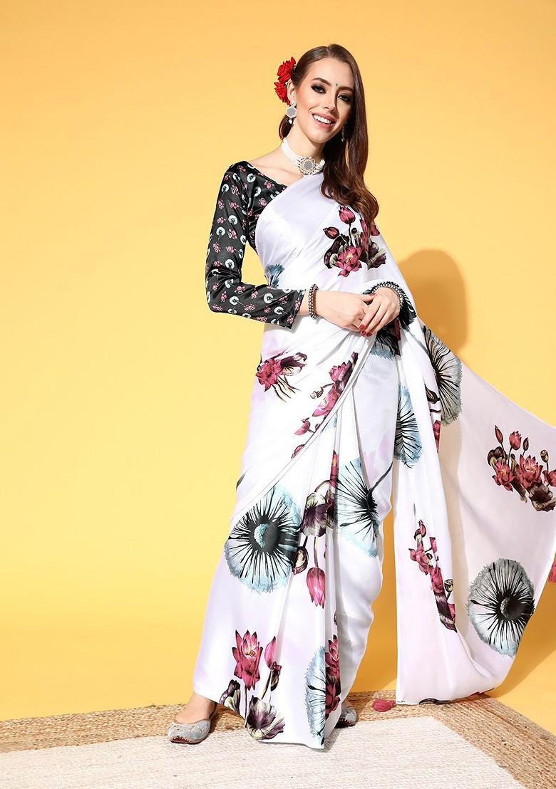 White Printed Satin Saree Set