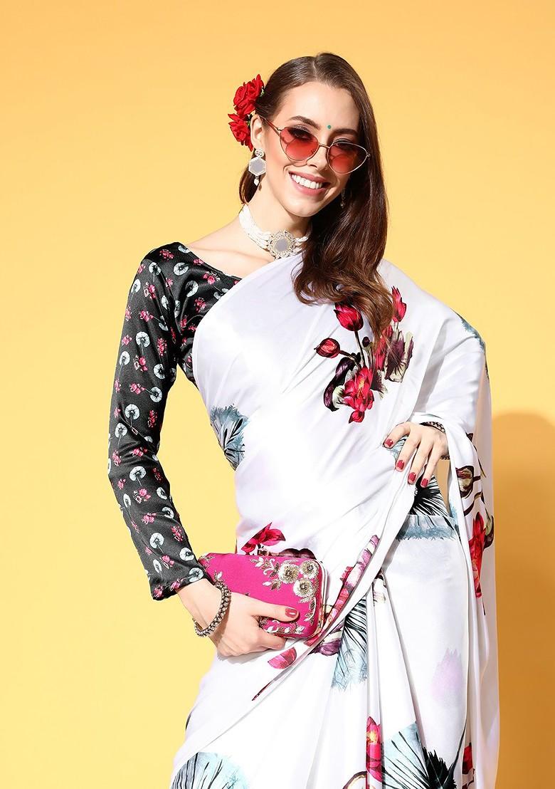 White Printed Satin Saree Set