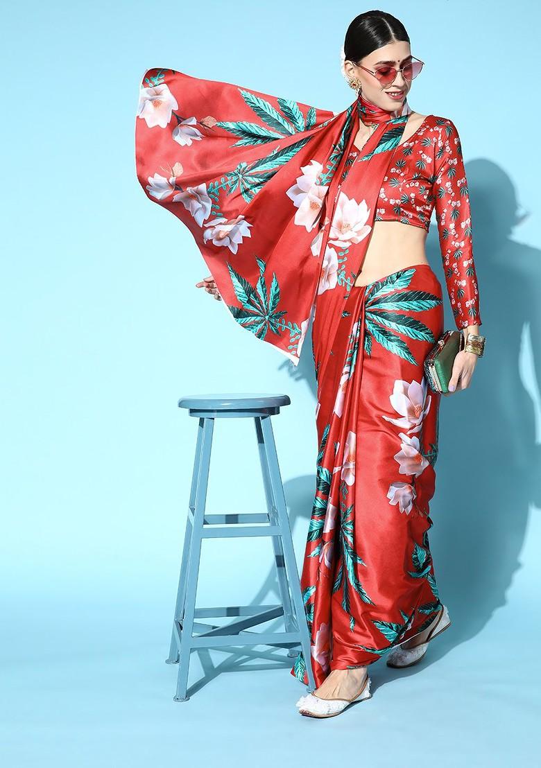 Red Printed Satin Saree Set