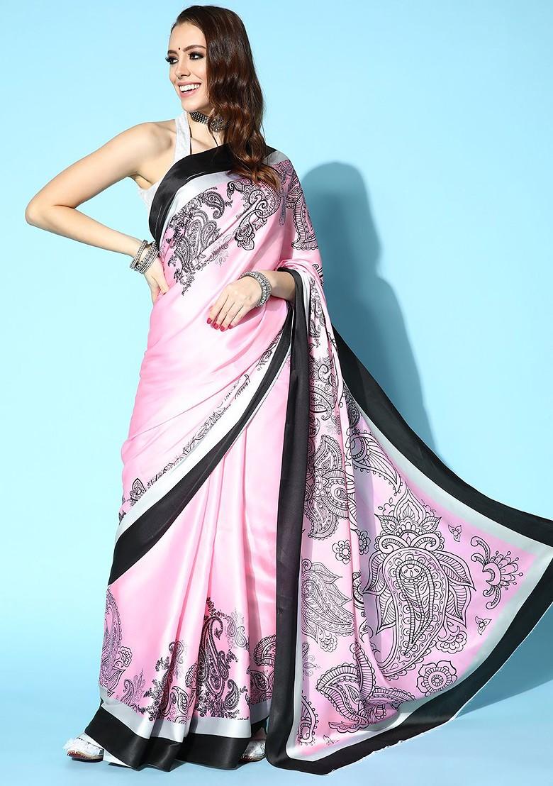 Pink Solid Satin Saree Set