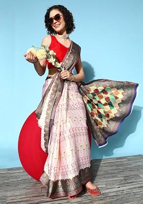 Beige Ethnic Motifs Embroidery Satin Saree Set