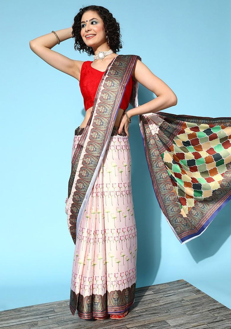 Beige Ethnic Motifs Embroidery Satin Saree Set