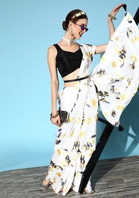 White Printed Satin Saree Set