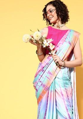 Multicolor Tie And Dye Satin Saree Set