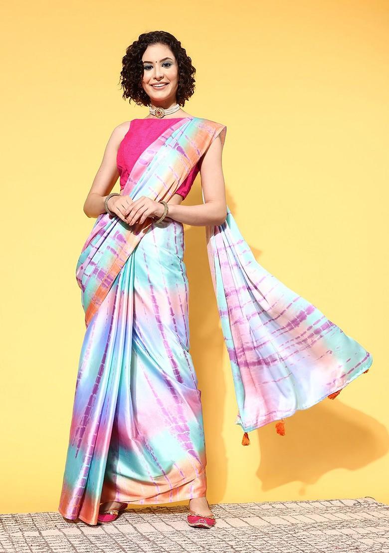 Multicolor Tie And Dye Satin Saree Set