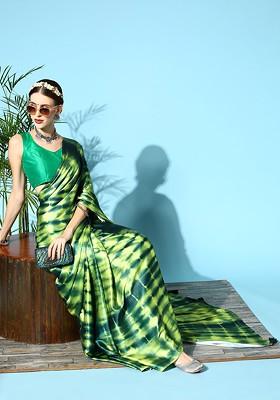 Green Tie And Dye Satin Saree Set
