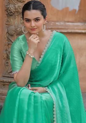Sea Green Embellished Organza Saree Set
