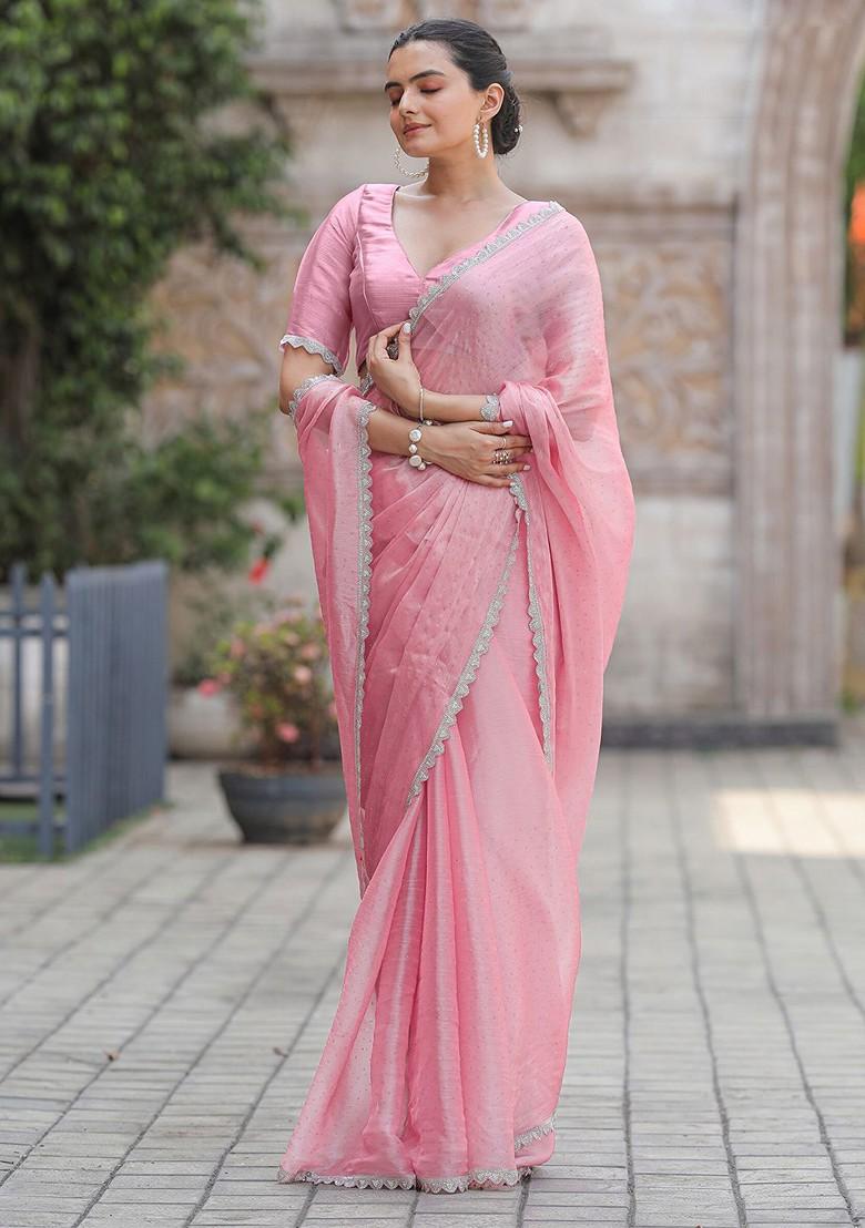 Pink Embellished Organza Saree Set