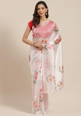 Off White Floral Print Organza Saree Set