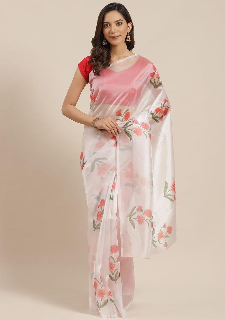 Off White Floral Print Organza Saree Set
