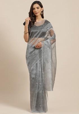 Grey Floral Print Poly Blend Saree Set