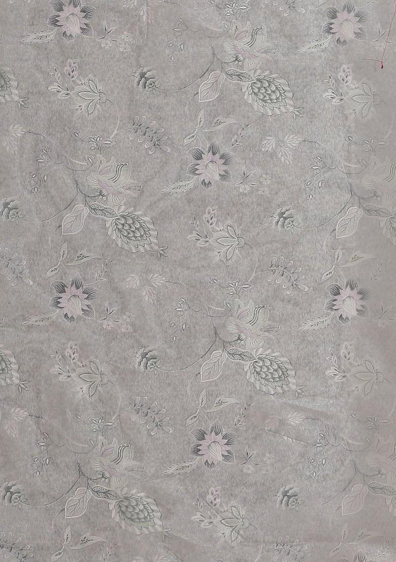 Grey Floral Print Poly Blend Saree Set