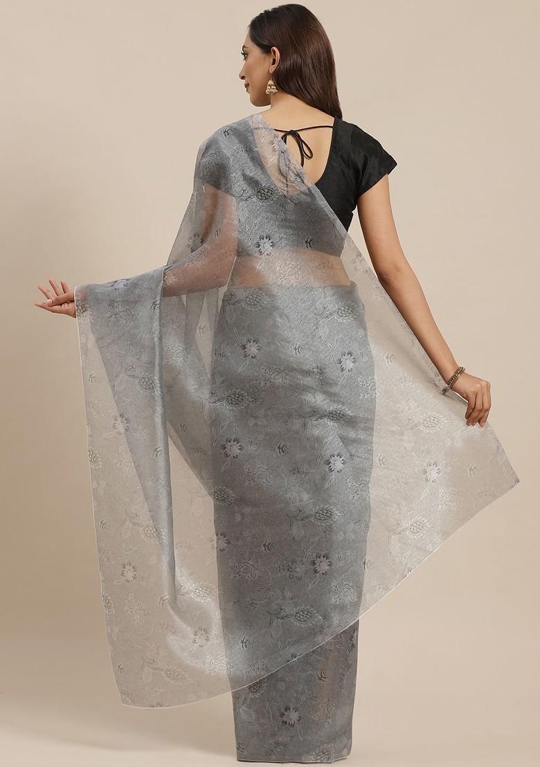 Grey Floral Print Poly Blend Saree Set