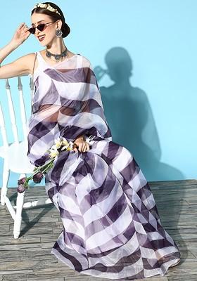 Purple Striped Print Poly Blend Saree Set