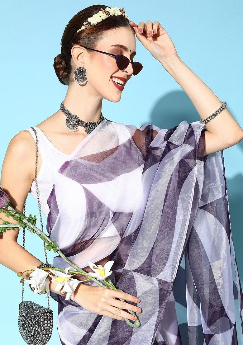 Purple Striped Print Poly Blend Saree Set