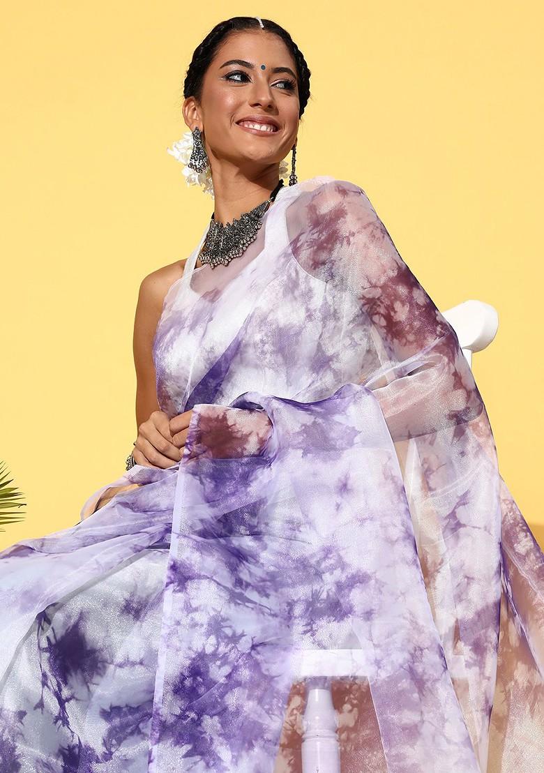 Purple Tie And Dye Poly Blend Saree Set