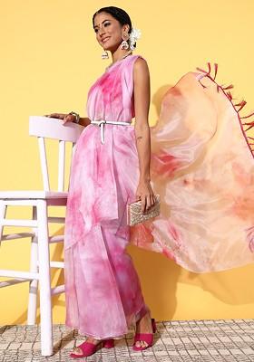 Pink Tie And Dye Poly Blend Saree Set
