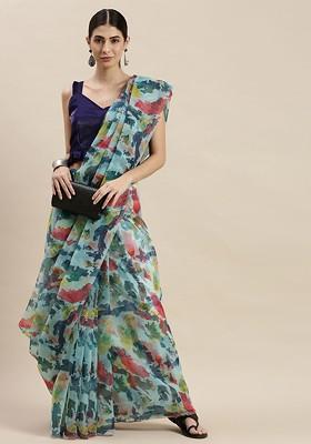 Multicolor Solid Organza Saree Set