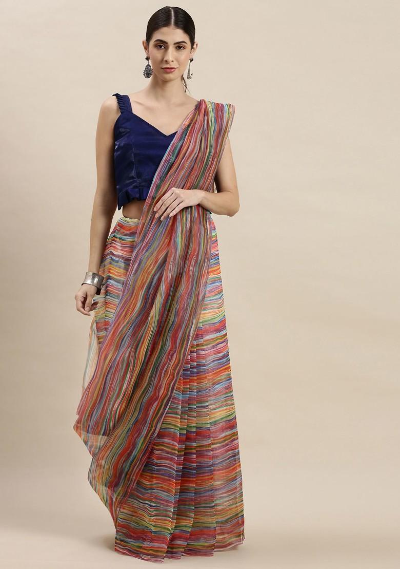 Multicolor Leheriya Print Organza Saree Set