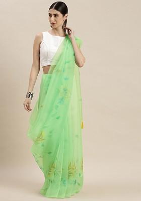 Green Printed Organza Saree Set