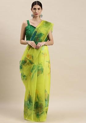 Green Printed Organza Saree Set