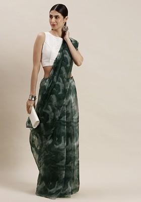 Green Solid Organza Saree Set