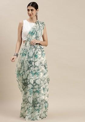 Off White Solid Organza Saree Set