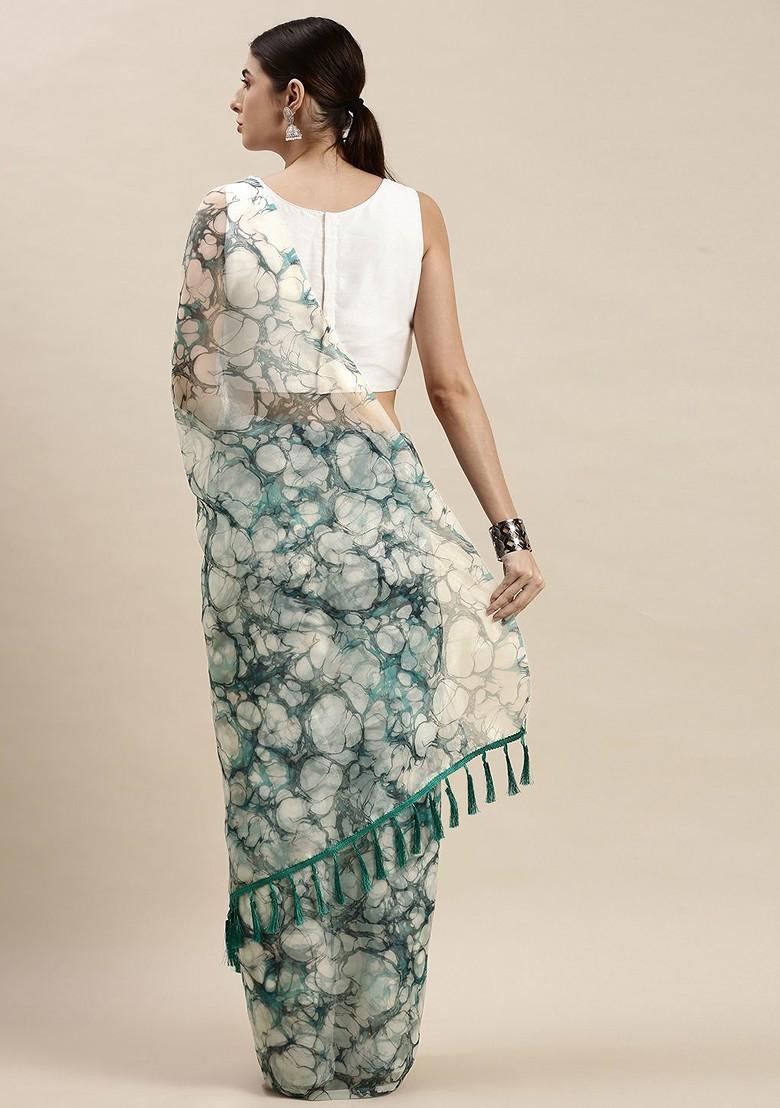 Off White Solid Organza Saree Set