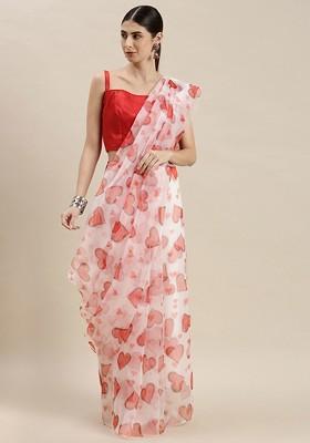 White Printed Organza Saree Set
