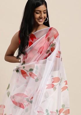 White Printed Organza Saree Set