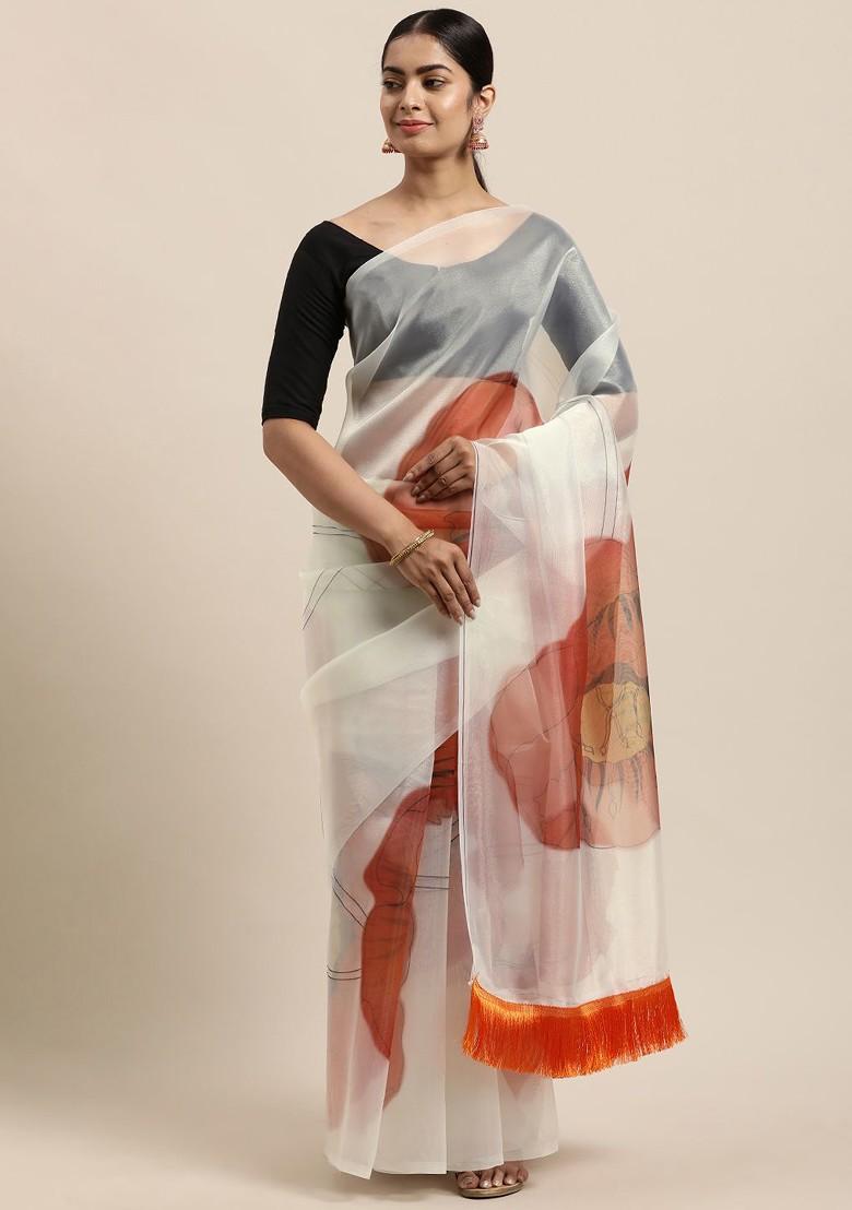 Off White Printed Organza Saree Set
