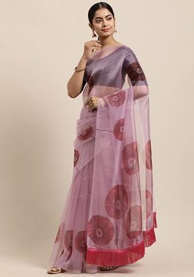 Pink Solid Organza Saree Set
