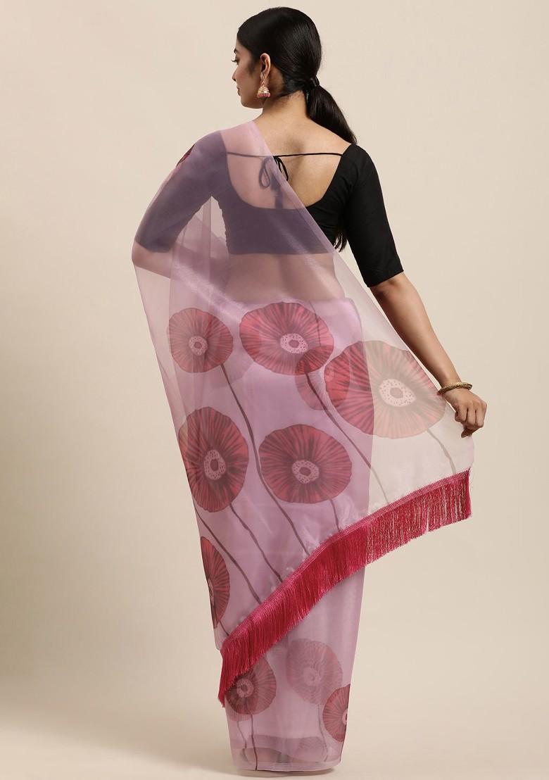 Pink Solid Organza Saree Set