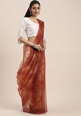 Red Printed Organza Saree Set