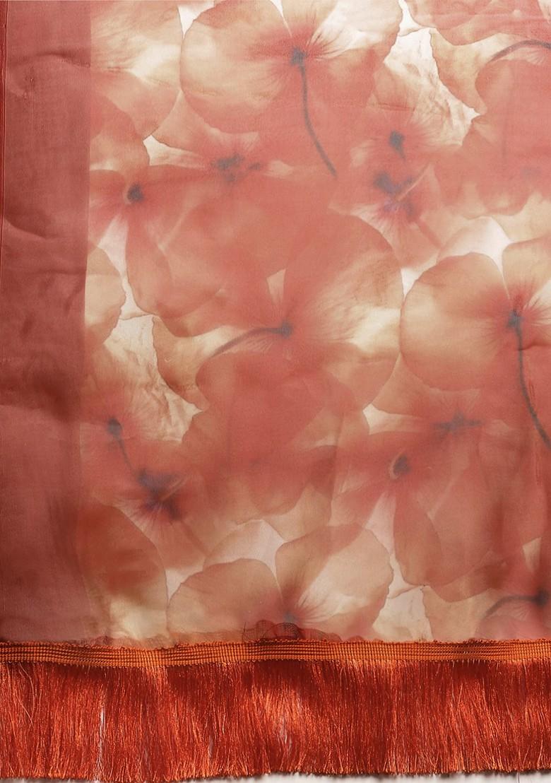 Red Printed Organza Saree Set