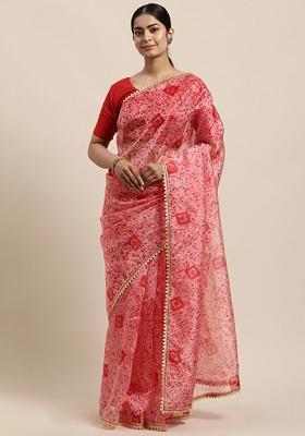 Red Bandhani Print Organza Saree Set