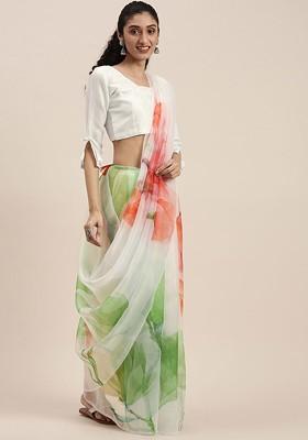Off White Printed Organza Saree Set