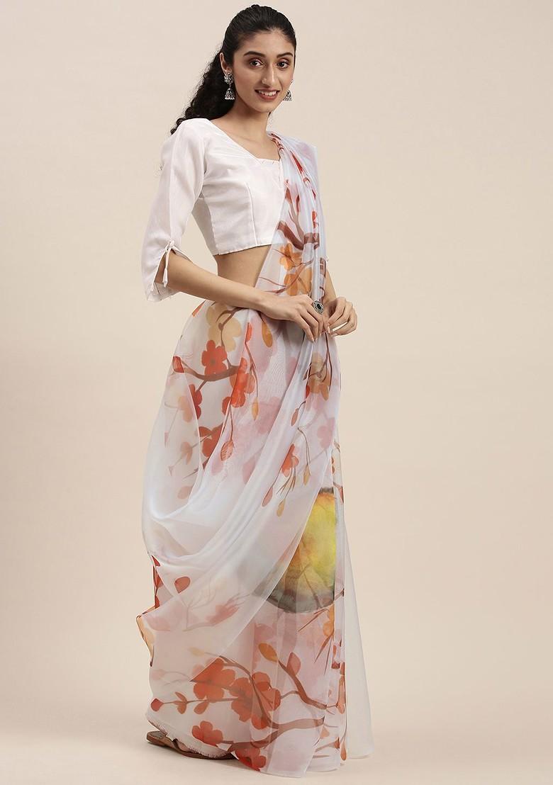 Peach Printed Organza Saree Set
