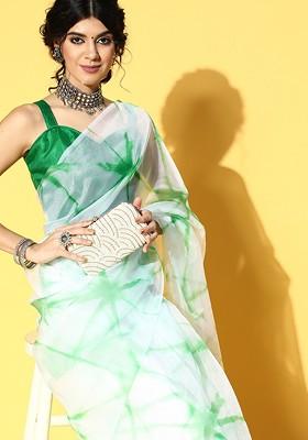 White Solid Poly Blend Saree Set