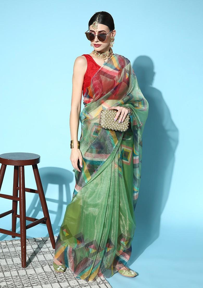 Green Printed Organza Saree Set