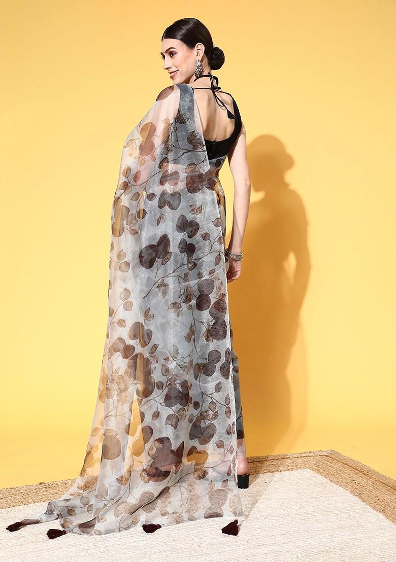Grey Printed Organza Saree Set