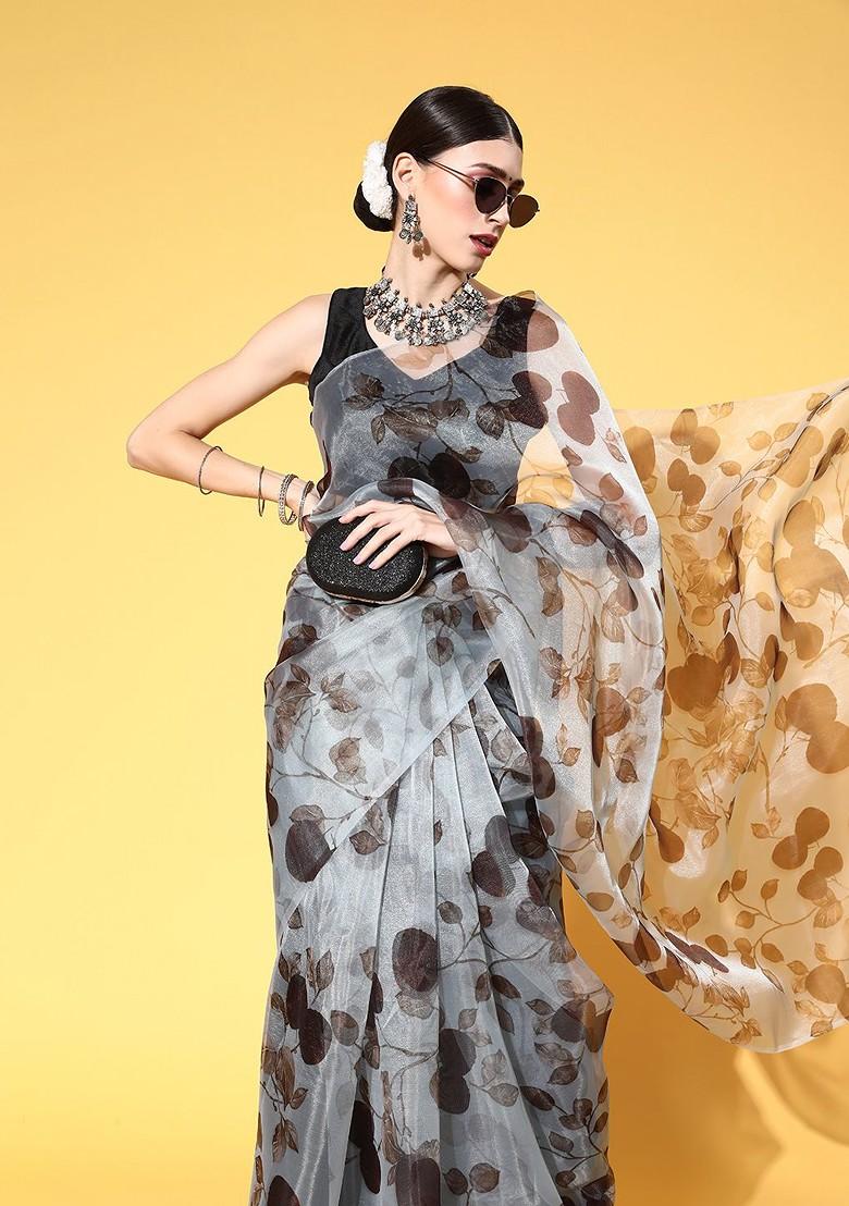 Grey Printed Organza Saree Set