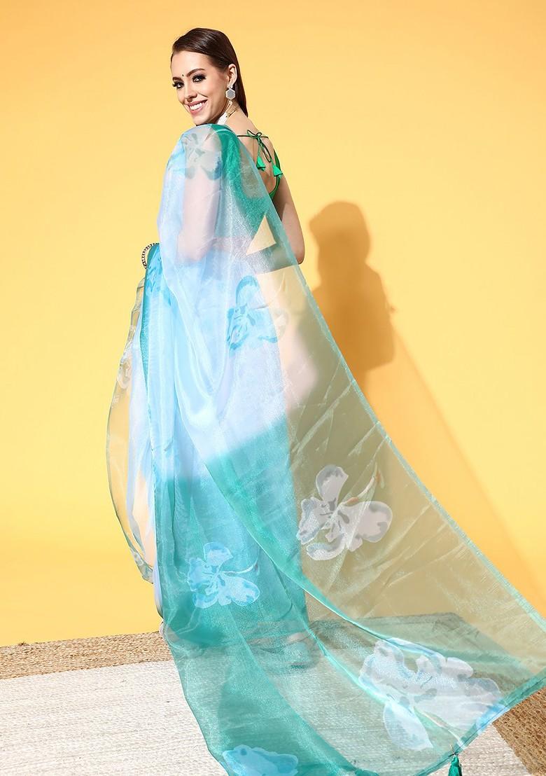 Blue Tie And Dye Organza Saree Set
