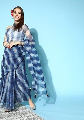 Navy Blue Striped Print Organza Saree Set