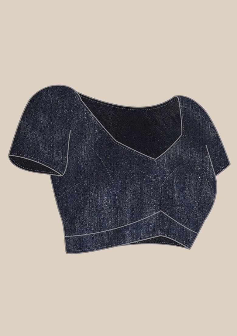 Navy Blue Striped Print Organza Saree Set