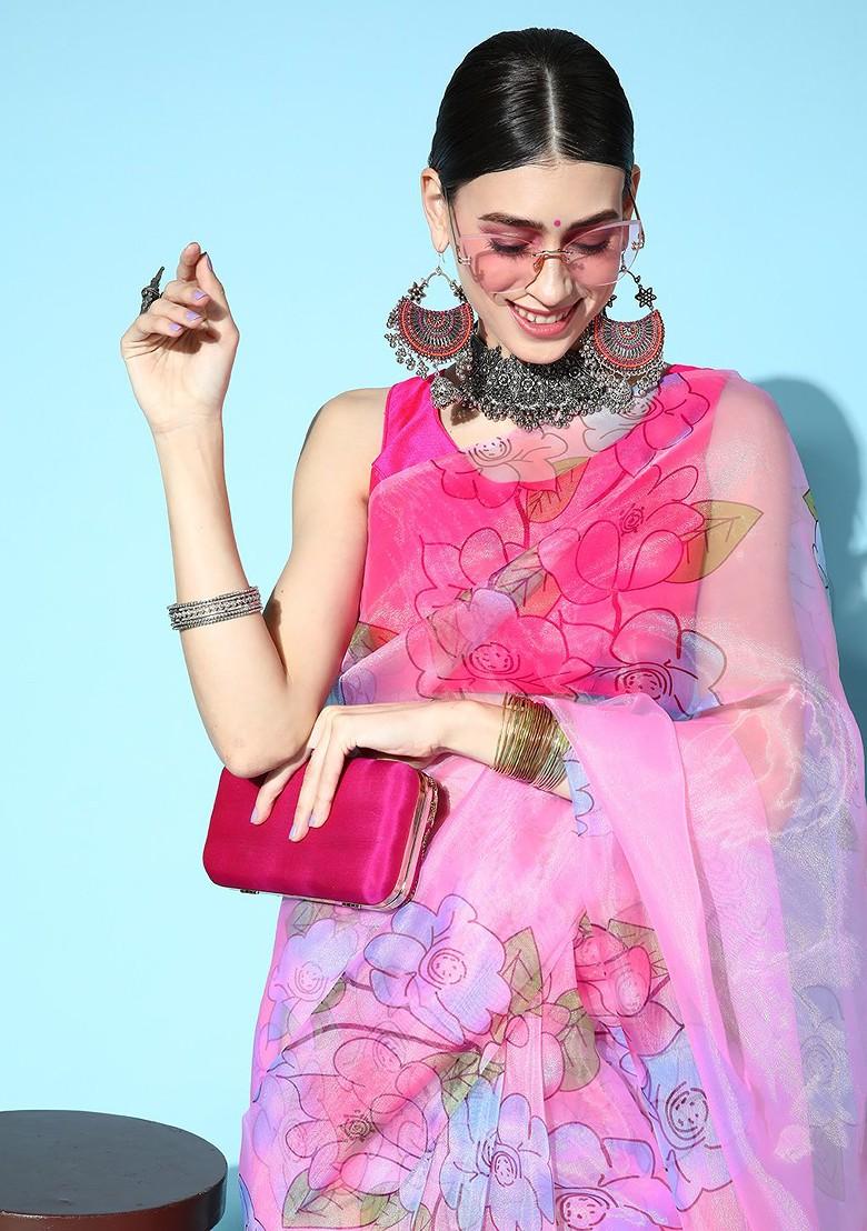 Pink Printed Organza Saree Set